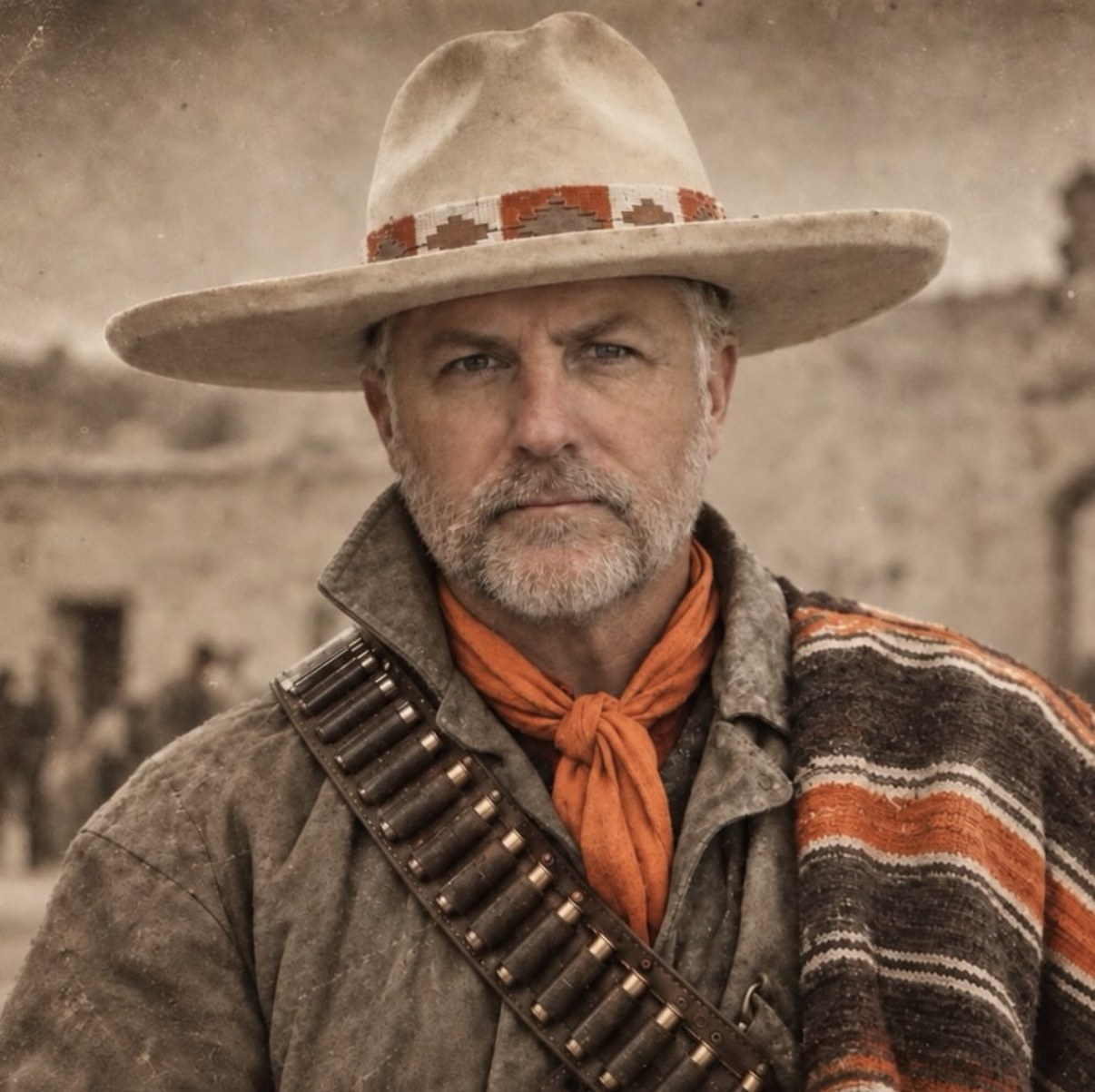 Portrait of a gray-bearded man in a sun-worn felt hat with a woven red band, a burnt orange bandana, a bandolier and a striped serape over one shoulder